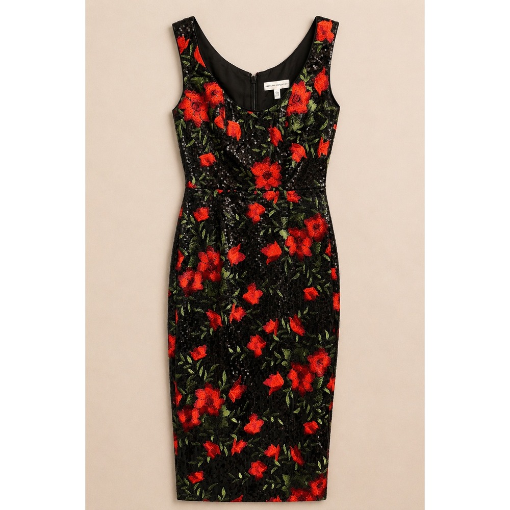 Dress The Population Women Sheath Dress Small Red Black Floral Sequin Nicole